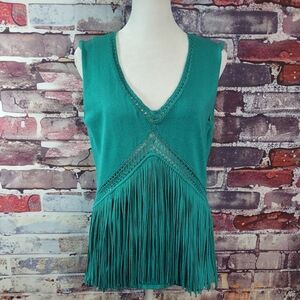 Women’s Western Vibe Teal Fringe V-Neck Silk Blend Tank Top